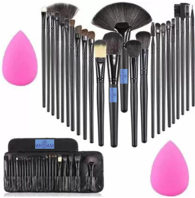 wryak Professional Wood Make Up Brushes Set with Leather Storage Pouch, 2 SPONGE PUFF(Pack of 26)