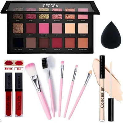 Geggsa Eyeshadow Palette with Puff, Liquid Lipsticks, Brushes and Concealer(Pack of 6)