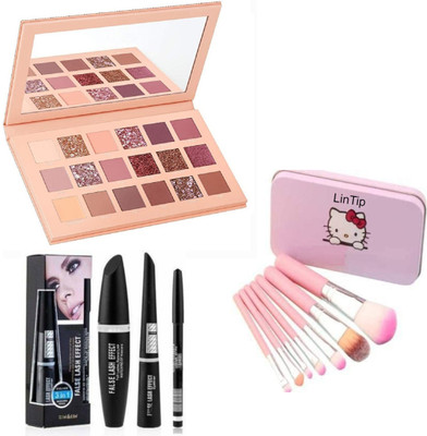lintip 18 color Eyeshadow ,Hello Kitty Makeup Brush(pink) , 3in1 False Lash Effect(Pack of 3)