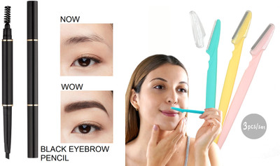 KAIASHA best black Eyebrow Pencil 3 eye Razor combo(Pack of 2)