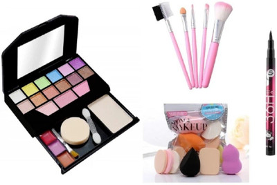 Fleeto EyeShadow and 7 Makeup Brushes Set 1 Waterproof Eyeliner Pencil and Sponges pack