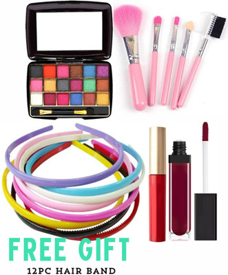 swenky eyeshadow with liquid matte lipstick sindur makeup brush & 12pc multi color hair band(16 Items in the set)