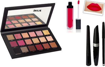 Zailie Rose Gold Eyeshadow With Red Matte Lipstick , 3 in 1 Mascara,Eyeliner&Pencil