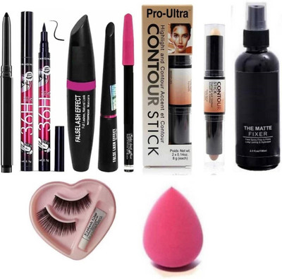 Zailie 36 h eyeliner + kajal + matte fixer with glue eyelashes and a beauty blander(Pack of 8)