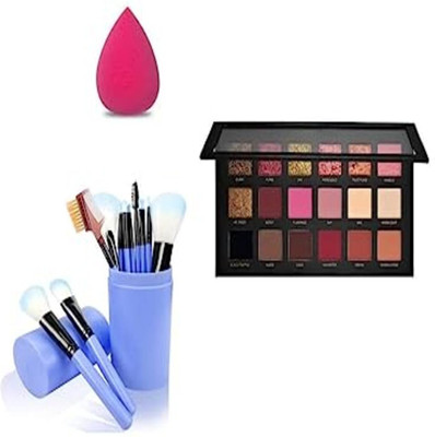 Plimsoll 12 Pcs sky blue makeup brush set,1 Beauty blender,18 color Rose gold eyeshadow