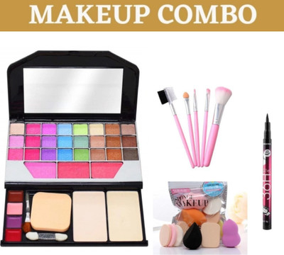brown blush 6155 makeup kit with 5pcs pink. brush set and puff packet and 36hr eyeliner(Pack of 4)