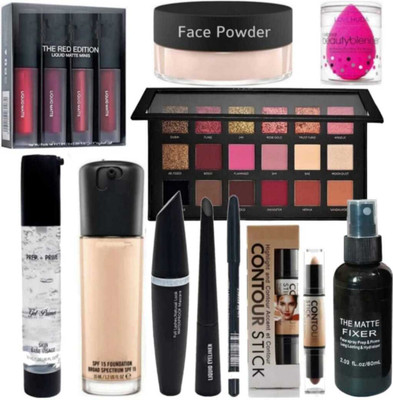 toroka FANCY FACE MAKEUP COMBO PUFF PRIMER FIXER LIPSTICK FOUNDATION(Pack of 9)