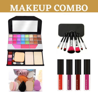 brown blush MAKEUP KIT 6155 WITH 4PCS LIPSTICK AND BRUSH SET , PUFF PACKET(Pack of 4)