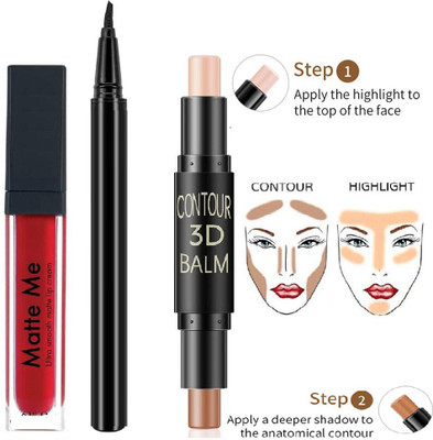 AGLEY LONG LASTING MAKEUP 1 MATTE ME RED LIPSTICK 1 BLACK EYELINER 1 CONTOUR STICK(Pack of 3)