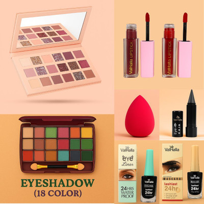 Valhalla Glam Kit – 18 Color Eyeshadow, Lipsticks, Eyeliner, Mascara, Kajal & Blender(Pack of 8)