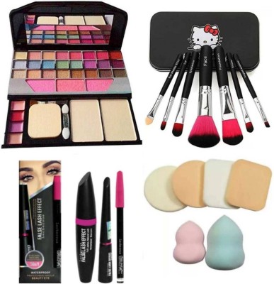 FRIPPE Makeup Eyeshadow with 7pc makeup brush set + 3 IN1 Mascara+Sponge(Pack of 4)