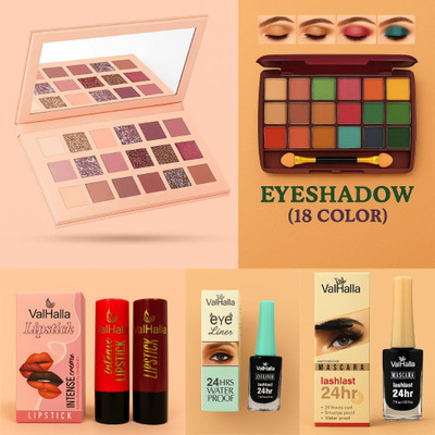 Valhalla 18 Color Eyeshadow Combo Set with Eyeliner, Mascara & Lipsticks(Pack of 6)