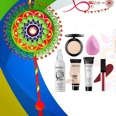 Earthcon Combo Pack Makeup Kit Compact+Foundation+Primer+Lipstick+Puff+fixer For Women's