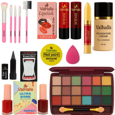 Valhalla 12 items Complete Makeup Kit Combo Set Face, Eye, Lip, Nail, sindoor & more(Pack of 12)