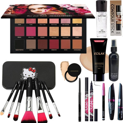 ECILAK Rosegold Eyeshadow,Makeup Brush,4in1combo,Fixer,Primer,Base,Contour Stick,Powder(Pack of 17)