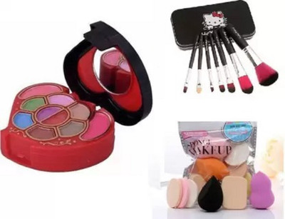 Pohok 5001 Heart Shaped Eye Shadow & Make Up Brushes Set Of 7 & 6 In 1 Puff(Pack of 3)
