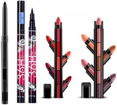 VOUGH Makeup Combo with 2 Pcs 5in1 Lipstick, Kajal & 36H Eyeliner(Pack of 4)