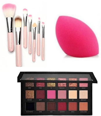 FRIPPE Rosegold eyeshadow palette with 7 pink brushes and blender puffs(Pack of 3)