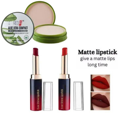 RED4 R4 Aloevera compact+R4 Evershine red maroon lipstick2(Pack of 3)