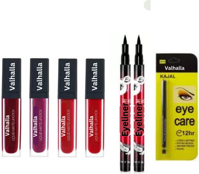 Valhalla longlasting matte liquid lipstick red edition smudgeproof eyeliner kajal(Pack of 7)