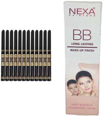 Mecovip 12 pcs ads kajal and long lasting foundation cream pack of 2(Pack of 13)