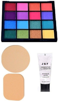 J & F Hinshitshu 16 Colors Eyeshadow Palette , Base Tube Primer & 2 in 1 Blender Puff