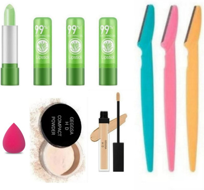 Geggsa lip balm puff compact powder concealer eyebrow shaper pack of 9(Pack of 9)