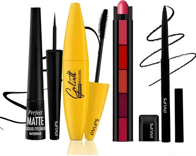 RVLIPS Waterproof Long Lasting Eyeliner & Mascara with Kajal & Lipstick(Pack of 4)