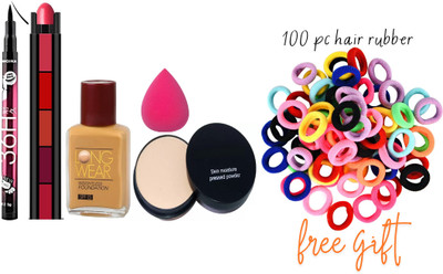 swenky 5in1 creamy lipstick with compact foundation eyeliner puff & 100pc hair rubber(Pack of 105)