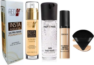 TRENDEE HUDA PROFESSIONAL HD FOUNDATION, GEL PRIMER, CONEALER & PIZZA SHAPE PUFF.(Pack of 4)