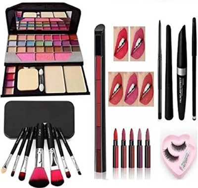 Pohok 6155 kit & Make Up Brushes & 5 in 1 Red Lipstick & 3 in 1 & Heart Eyelash(Pack of 8)