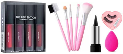 swenky red edition liquid lipstick with kajal eyelash puff & makeup brush(Pack of 5)