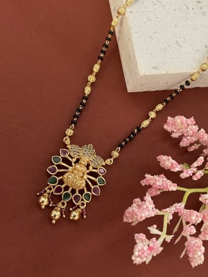 Digital Dress Room Gold Plated Short Mangalsutra AD & Multi Stone Lotus & Laxmi Pendant Black Beads Brass Mangalsutra