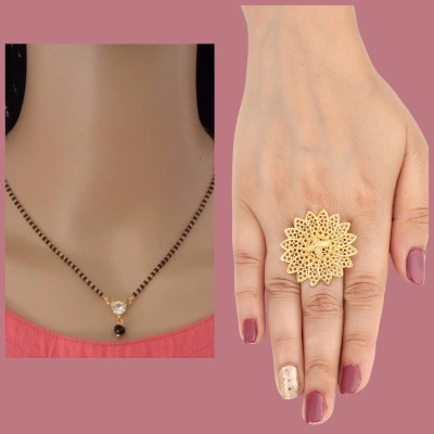 Arti creations Gold Plated American Diamond Mangalsutra Tanmaniya with Flower Ring Alloy, Brass, Stone Mangalsutra