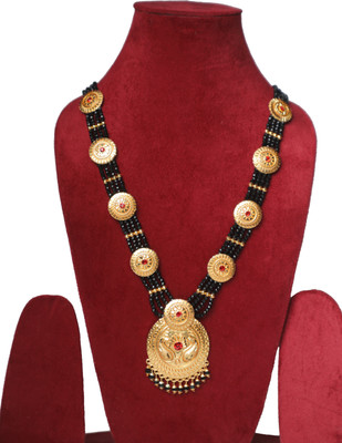 Uttarakhand Handicrafts Grand Gold-Plated Long Mangalsutra with Vibrant Red Beads, Intricate Design Alloy Mangalsutra