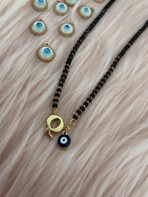 Digital Dress Room Q Letter Alphabet With Blue Evil Eye Charm Pendant Short Mangalsutra Brass Mangalsutra