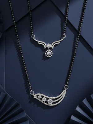 Adiva Set of 2 Silver-Plated Designer CZ Stone Beaded Mangalsutra Necklace for Women Brass Mangalsutra