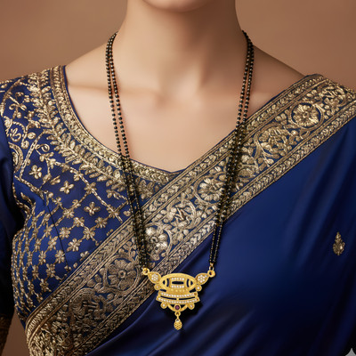 BeMine Jewellery Tanishka Glow Long Mangalsutra Gold-Plated CZ Studded Ruby Brass Mangalsutra