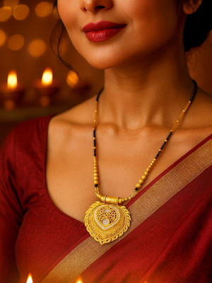 Digital Dress Room Gold Plated Long Mangalsutra Designs Leaf Shape Pendant Black Beads Chain Brass Mangalsutra