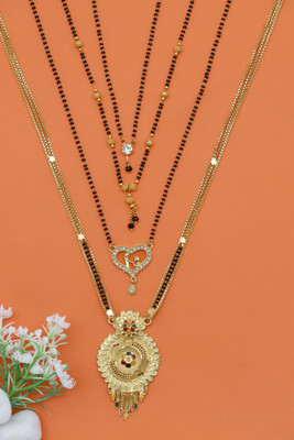 VISITART JEWELLERY Traditional Gold Plated Black Bead Mangalsutra with Designer Pendant for Women Alloy Mangalsutra