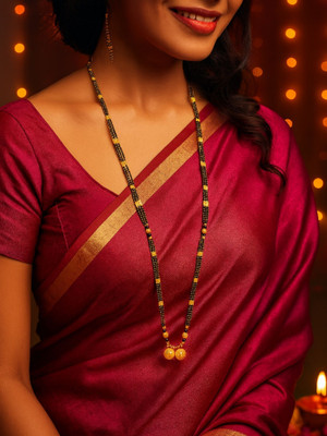 Digital Dress Room Gold Plated Long Mangalsutra Designs Leaf Shape Pendant Black Beads Chain Brass Mangalsutra