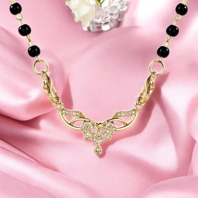 Nilu's Collection Gold Plated Mangalsutra Embedded with American Diamond, Traditional Black Bead Copper Mangalsutra