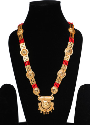 Uttarakhand Handicrafts Traditional Gold-Plated Long Mangalsutra with Black Beads, Red Stone Eye Motifs Alloy Mangalsutra