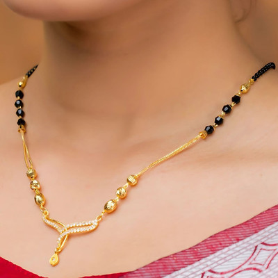 GEMSLAY V-Shaped Pandent Stylish Gold Plated Chain Black Beads Mangalsutra For Women's Brass Mangalsutra