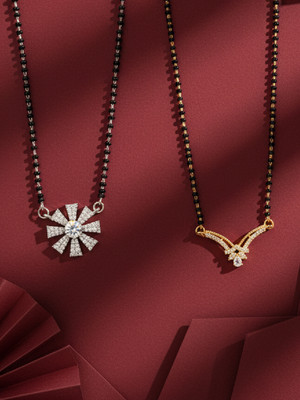 Adiva Set of 2 Silver-Plated Floral CZ Stone Mangalsutra with Stylish Beads Design Brass Mangalsutra