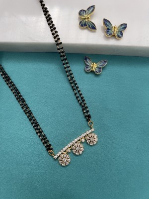 Digital Dress Room Modern Short Mangalsutra American Diamond Flower Pendant 2 Line Black Bead Chain Brass Mangalsutra