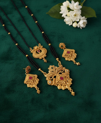 Rasadiya Traditional Gold-Plated Dual Pendant Mangalsutra with Earrings for Women Alloy Mangalsutra