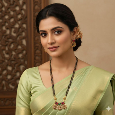 bellybiz 2.	Traditional Lakshmi Pendant Antique Gold Beaded Mangalsutra Set Alloy Mangalsutra