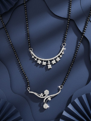 Adiva Set of 2 Silver-Plated Traditional CZ Stone Mangalsutra Black Beads for Women Brass Mangalsutra
