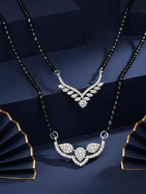 Adiva Set of 2 Silver-Plated Premium CZ Stone Beaded Elegant Mangalsutra for Women Brass Mangalsutra